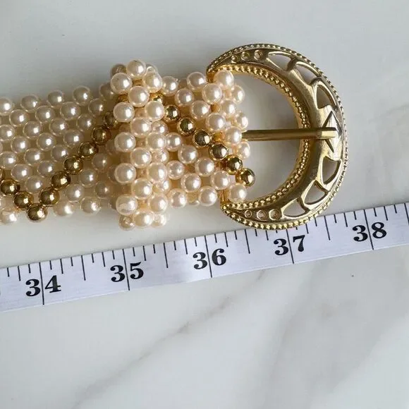 Vintage Faux Pearl and Gold Belt Womens Bridal Statement Accessory